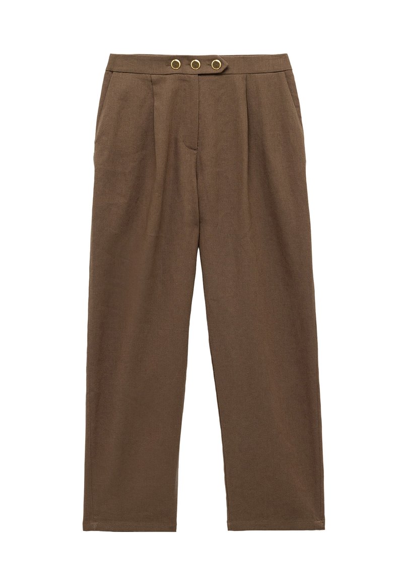 Bruine linnen broek met een recht model, plooien aan de voorkant en twee decoratieve knopen in goudkleur aan de taille.