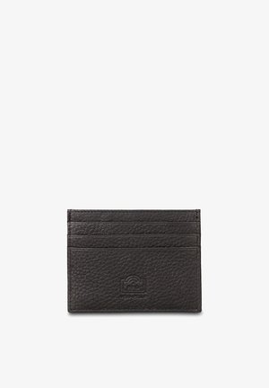 Zwarte textuurleren kaarthouder met drie horizontale pasjesgleuven en een gegraveerd RFID-beschermingslogo gecentreerd onder de gleuven.