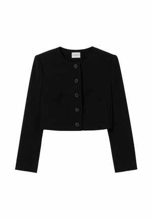 Chaqueta corta negra con escote redondo, mangas largas, cinco botones en la parte delantera y dos bolsillos aplicados delanteros.