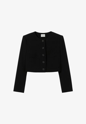 Veste courte noire avec encolure ronde, manches longues, cinq boutons sur le devant et deux poches plaquées à l'avant.