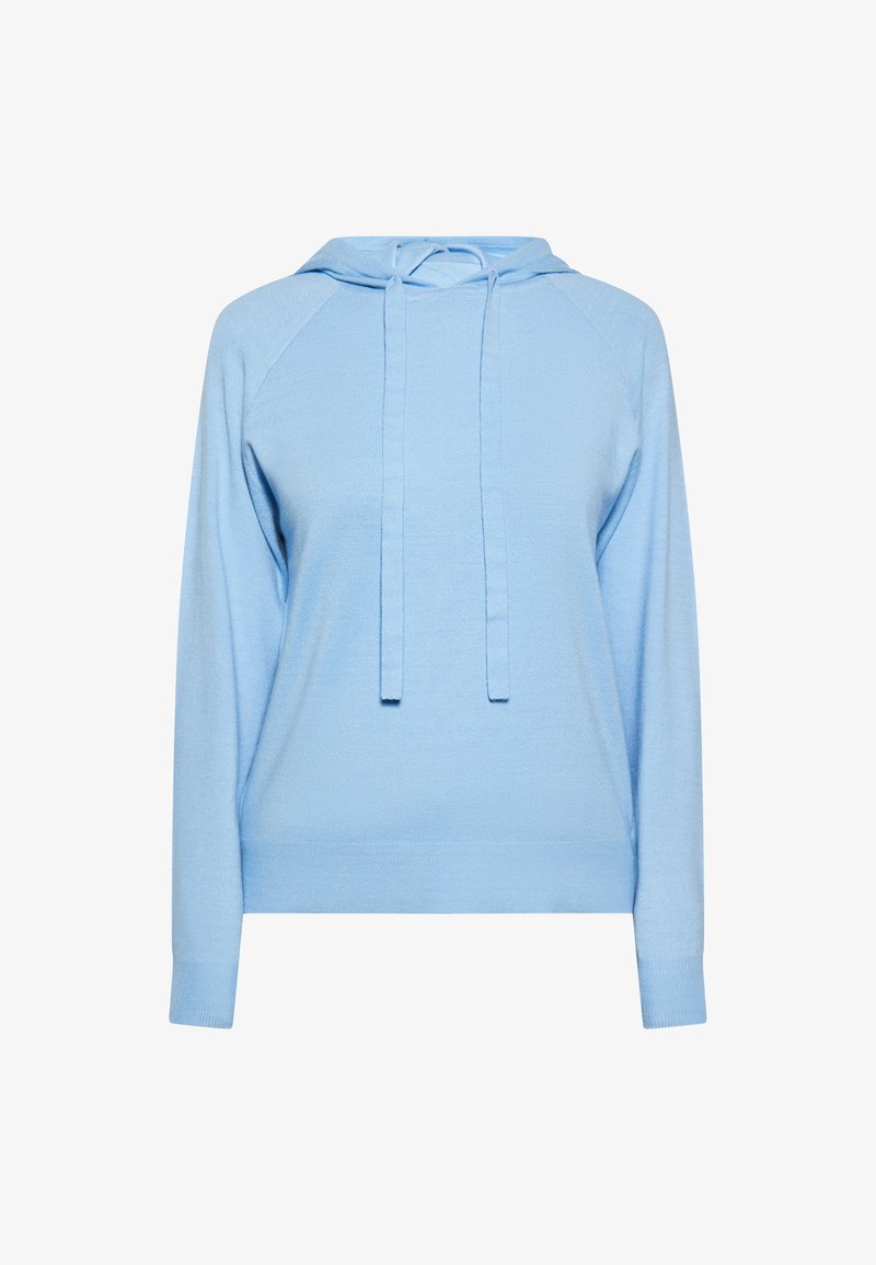 Světle modrá mikina s kapucí a dlouhými rukávy, s šňůrkou u krku a žebrovanými manžetami. Vyrobeno z hladkého, měkkého materiálu.