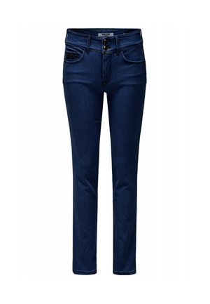 Jeans de mezclilla azul oscuro con un ajuste slim, cierre de dos botones y cinco bolsillos. Presenta costuras en contraste y un diseño clásico.