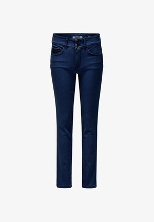 Temno modre jeans hlače iz jeansa s slim krojem, zapiranjem na dva gumba in petimi žepi. Imajo kontrastne šive in klasičen dizajn.