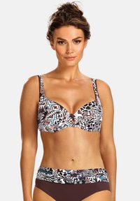 Biustonosz i bikini w zestawie, charakujące się wielokolorowym wzorem geometrycznym i zwierzęcym, z regulowanymi ramiączkami oraz jednolitą brązową talią.