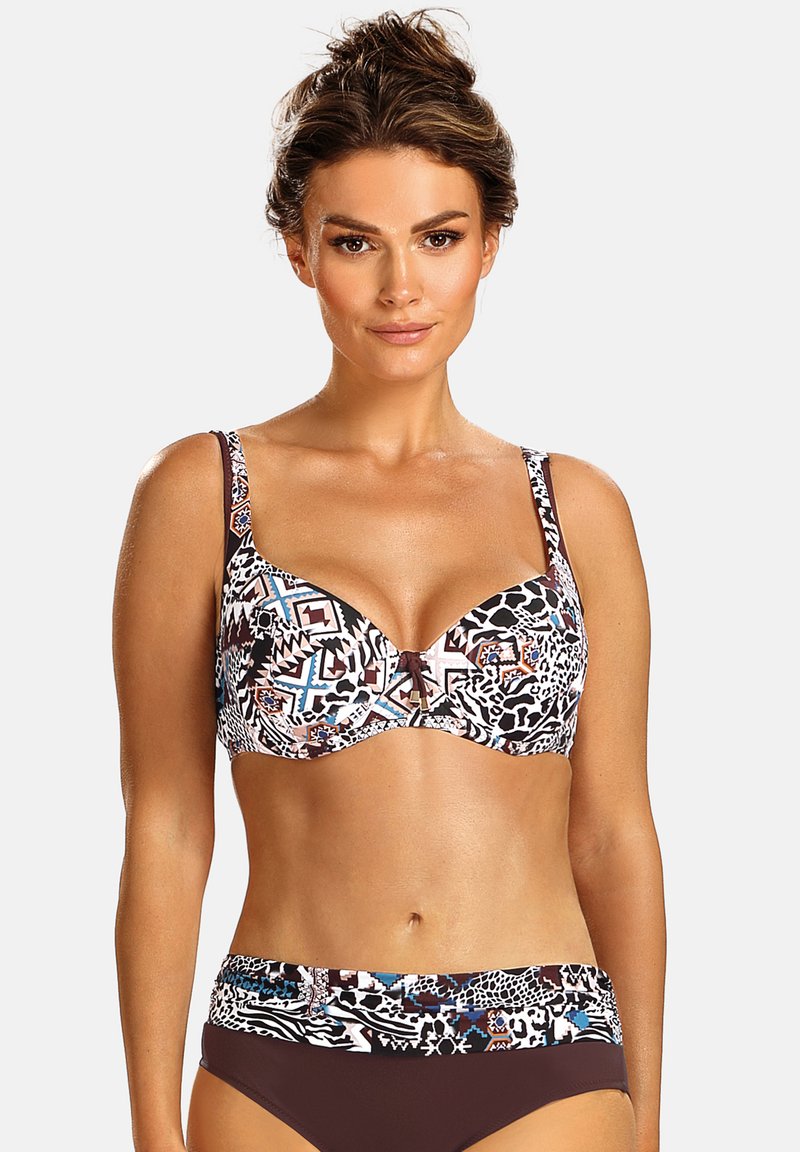 Biustonosz i bikini w zestawie, charakujące się wielokolorowym wzorem geometrycznym i zwierzęcym, z regulowanymi ramiączkami oraz jednolitą brązową talią.