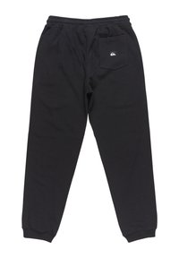 Zwarte trainingsbroek van zacht materiaal met een elastische tailleband, geribde boorden en een achterzak met een klein logo-motief.