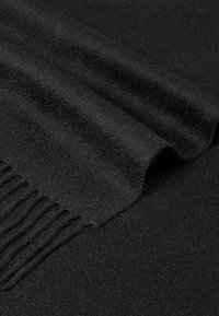 Black wool scarf displaying a soft, textured surface. Features fringed edges and smooth draping fabric, folded to reveal layers.