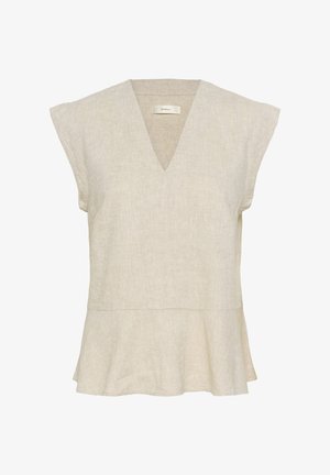 Beež linane topp sügava V-kaelusega, lühikeste varrukatega ja lõtvade servadega, pakkudes kerget ja hingavat disaini.