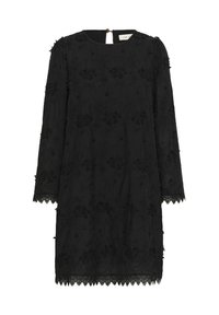 Rochie neagră cu mâneci lungi, prezentând broderie florală complexă și mărgele. Decolteu rotund, spate cu deschidere tip cheie și detalii din dantelă la margine.
