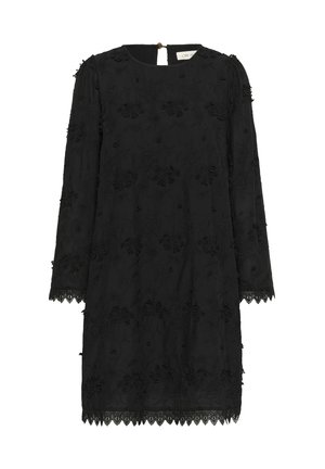 Robe noire à manches longues, avec une broderie florale intricate et des perles. Encolure ronde, dos en forme de trou de serrure, et détail de bordure en dentelle.
