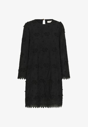 Rochie neagră cu mâneci lungi, prezentând broderie florală complexă și mărgele. Decolteu rotund, spate cu deschidere tip cheie și detalii din dantelă la margine.