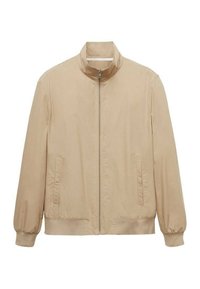 Lys beige jakke lavet af glat stof med en opretstående krave, fuld frontlynlås og elastiske manchetter. Har to sidelommer.