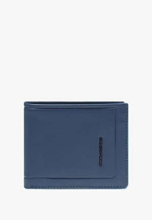 Portafoglio bifold in pelle blu con cuciture a vista e piccolo logo del marchio inciso nell'angolo anteriore.