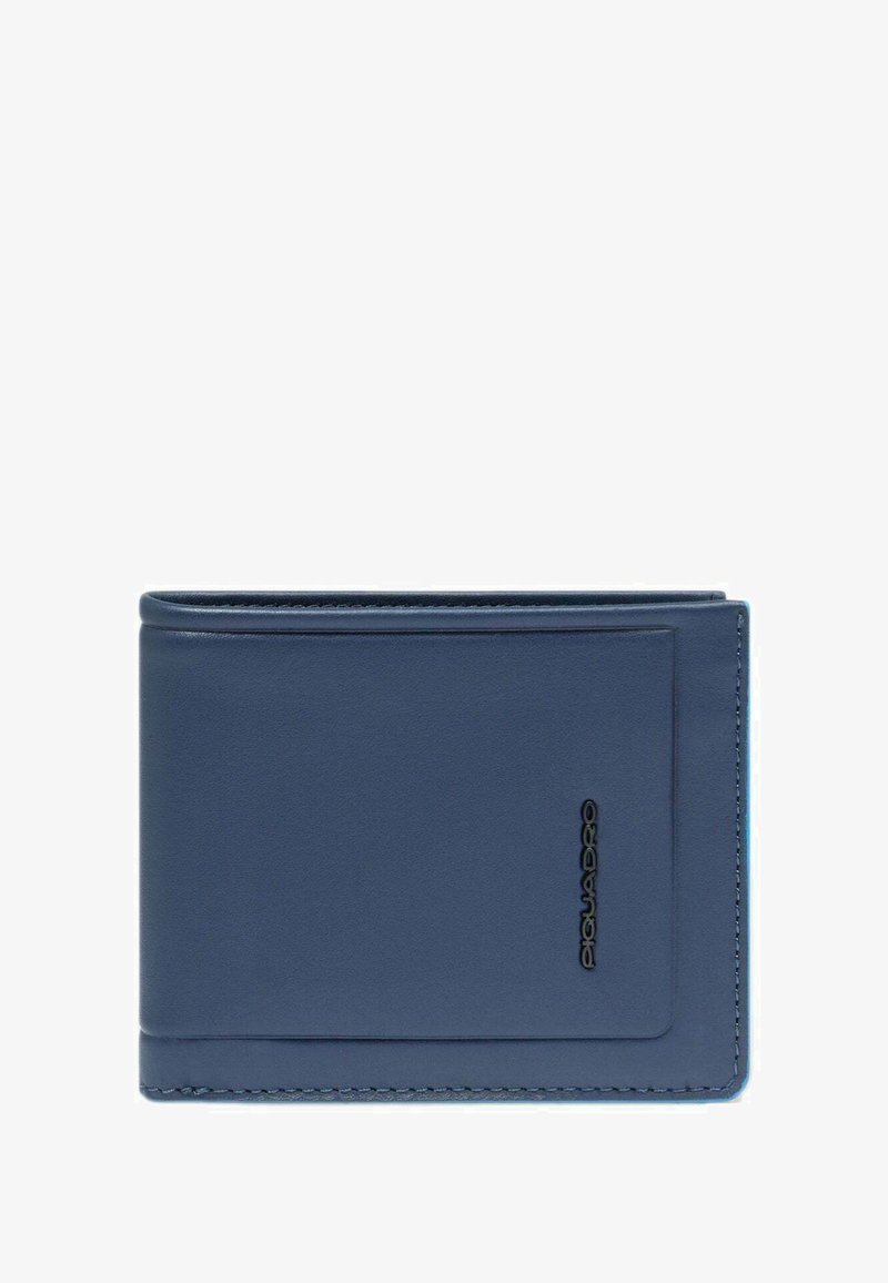 Portafoglio bifold in pelle blu con cuciture a vista e piccolo logo del marchio inciso nell'angolo anteriore.