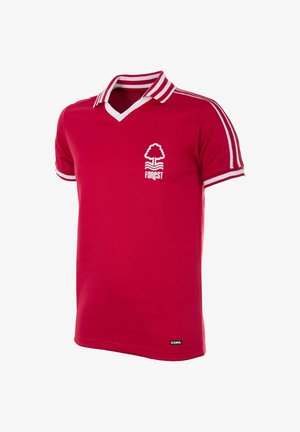 Rode polyester short-sleeve shirt met een V-hals en witte gestreepte kraag. Voorzien van een boomlogo en de tekst "FOREST" op de borst.