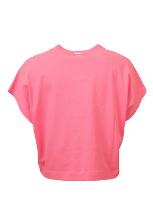 Camiseta boxy de manga corta de color rosa brillante con cuello redondo, mostrada desde atrás sobre un fondo blanco.
