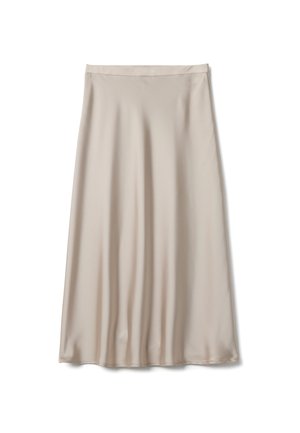 Falda midi de satén beige con textura suave, cintura ajustada y ligera apertura hacia el dobladillo.