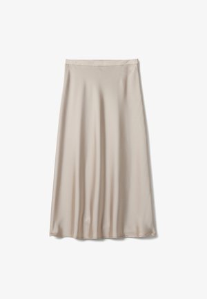 Beige satin midi skirt with a smooth texture, fitted waist, and slight flare towards the hem.