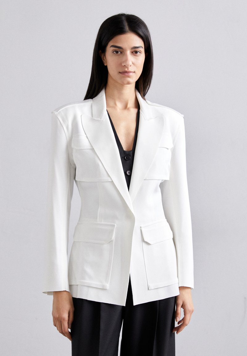 Elegant White Stand Collar Double Pocket Jacket Women Fashion Long Sleeves Cuff Buttons Blazer 2024 Autumn Office Lady Outwear main image 0