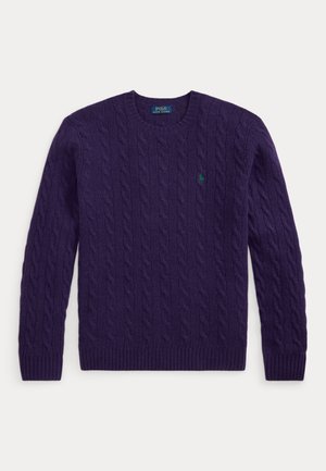 Giovane uomo che indossa un berretto verde, un maglione viola con lavorazione a treccia, una camicia a quadri, jeans blu consumati e mocassini marroni, in piedi davanti a uno sfondo semplice.