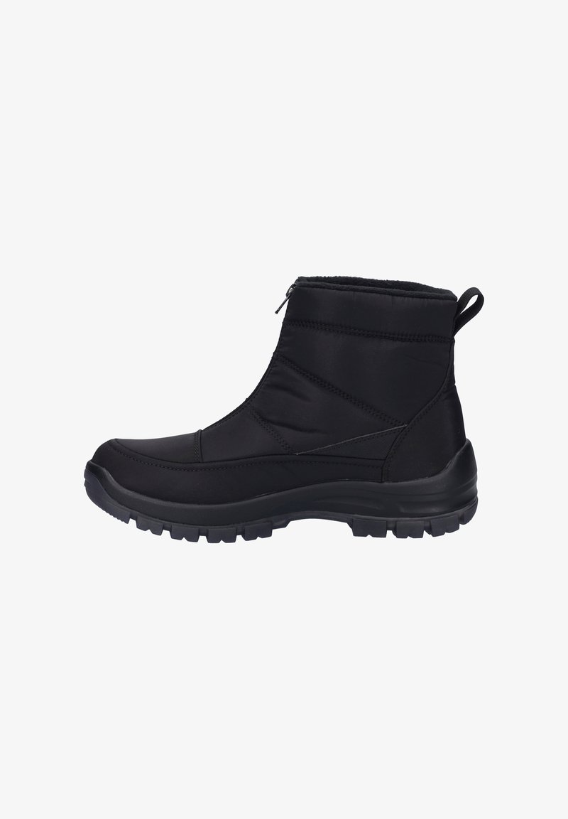 Schwarze wasserdichte Stiefel mit einem strukturierten Obermaterial, gepolstertem Kragen, seitlichem Reißverschluss und robustem Gummisohle für Grip und Langlebigkeit.