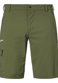 Olivgrüne Shorts aus leichtem Stoff, mit einer seitlichen Reißverschlusstasche, Gürtelschlaufen und einem einfachen, flachen Vorderdesign.