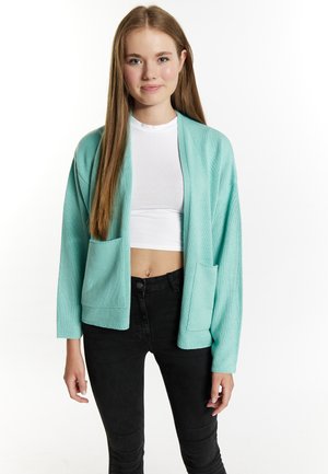 Tânără cu păr lung și drept, purtând un top scurt alb, un cardigan deschis bleu deschis cu buzunare și pantaloni negri, stând în fața unui fundal alb.