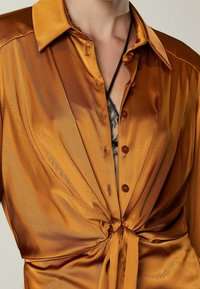 Camicia marrone in satin con colletto a punta, chiusura frontale a bottoni e dettaglio a cravatta annodata in vita; texture liscia con un leggero sheen.