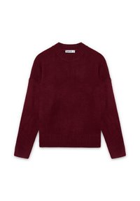 Jersey de punto burdeos con escote redondo, hombros caídos y puños y bajo acanalados. Textura suave, diseño casual para mayor comodidad.