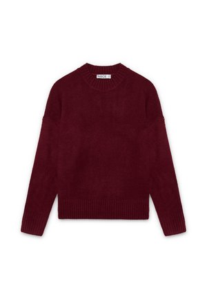 Jersey de punto burdeos con escote redondo, hombros caídos y puños y bajo acanalados. Textura suave, diseño casual para mayor comodidad.