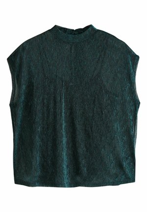 Top texturat de culoare teal cu un model ondulat, mâneci scurte și guler înalt. Fabricat dintr-un material lucios, care îi sporește aspectul tridimensional.
