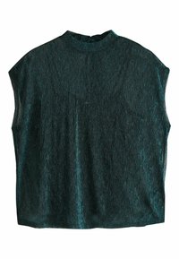 Tirkizna teksturirana majica s valovitim uzorkom, kratkim rukavima i visokim izrezom. Napravljena od sjajnog materijala, što poboljšava njen trodimenzionalni izgled.