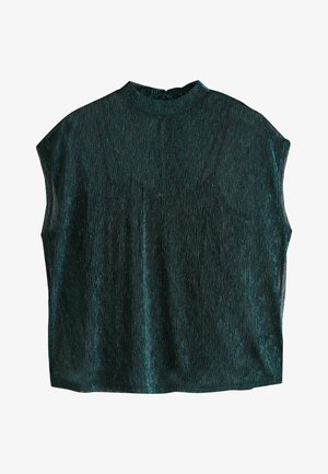 Teal tekstureret top med et bølget mønster, korte ærmer og en høj halsudskæring. Lavet af et skinnende materiale, der fremhæver dens tredimensionelle udseende.