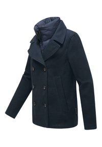 Mörkblått ullpeacoat med dubbelknäppt stängning, breda slag och sidofickor. Innehåller ett blått vadderat innerfoder.