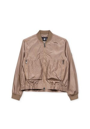 Bomberjacke in hellbraun, aus glattem Nylon. Verfügt über einen Reißverschluss vorne, einen gerippten Kragen, elastische Bündchen und zwei Reißverschlusstaschen auf der Vorderseite.