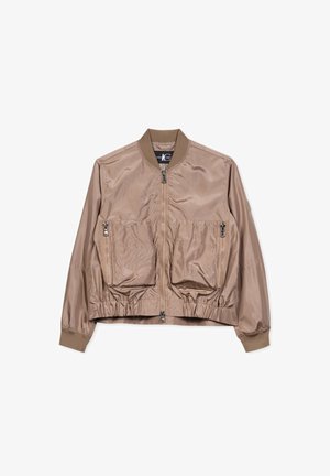 Bomberjacke in hellbraun, aus glattem Nylon. Verfügt über einen Reißverschluss vorne, einen gerippten Kragen, elastische Bündchen und zwei Reißverschlusstaschen auf der Vorderseite.