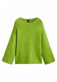 Grüner gestrickter Pullover mit lockerer, kastiger Passform. Hat einen runden Halsausschnitt und weite Ärmel, gefertigt aus weichem, strukturiertem Material.