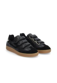 Black leather and suede sneakers with three strap closures, a gum rubber sole, and textured detailing on the tongue and heel.