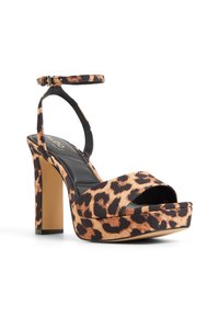 Sandalias de tacón alto con estampado de leopardo, suela de plataforma, punta abierta, correa ajustable en el tobillo y tacón cuadrado grueso.