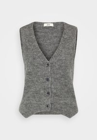 Szary dziergany kamizelka z dekoltem w serek, bez rękawów, pięcioma guzikami z przodu oraz zaokrąglonym dołem. Miękka tekstura.