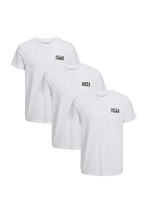 Drei einfache weiße T-Shirts mit kurzen Ärmeln, jeweils mit dem "JACK & JONES"-Logo auf der linken Brust bedruckt, übereinander liegend angeordnet.