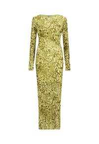 Robe longue ajustée à manches longues avec un motif léopard jaune et marron.