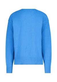 Pull en tricot bleu avec un col rond, des poignets et un ourlet côtelés. Texture douce et coupe décontractée, mettant en avant une couleur unie sans motifs.