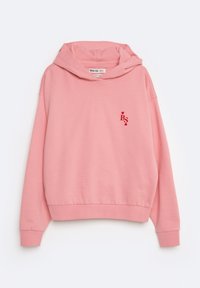 Hoodie rose en tissu doux, avec une grande capuche, des poignets et un bas côtelés. Comprend un petit logo brodé sur la poitrine.
