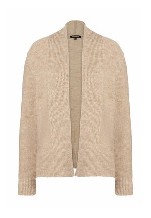 Beige Strickjacke mit offenem Vorderteil, langen Ärmeln und strukturiertem Muster aus einem weichen, leichten Material. Keine Verschlüsse vorhanden.