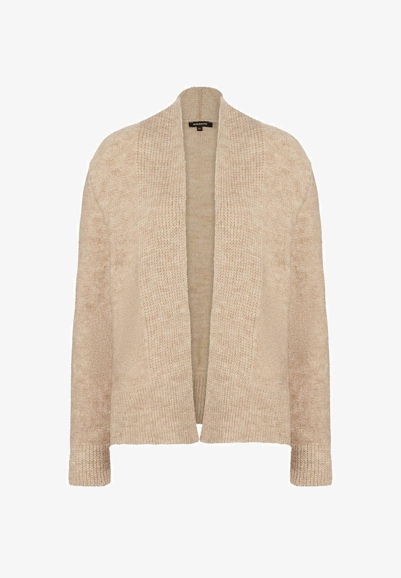 Beige Strickjacke mit offenem Vorderteil, langen Ärmeln und strukturiertem Muster aus einem weichen, leichten Material. Keine Verschlüsse vorhanden.