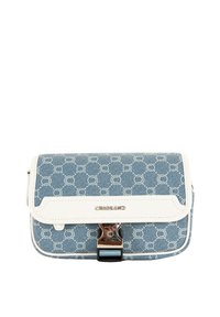 Blauwe denim clutch met cirkelvormige witte patronen, witte rand en zilverkleurige hardware. De sluiting heeft een metalen haak voor extra beveiliging.