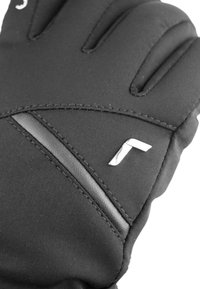 Guante negro hecho de material sintético con textura suave. Presenta un logo metálico plateado y elegantes acentos de cuero. Diseño contorneado.