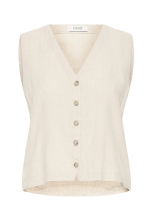 Sleeveless beige linen vest with V-neck and five front buttons, slightly longer back hem, and loose fit.