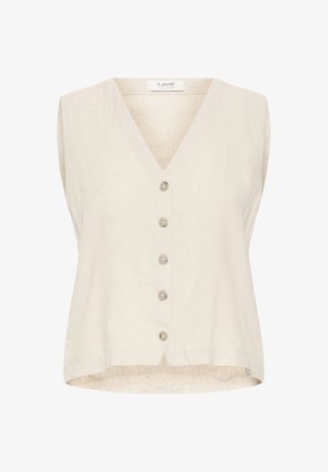 Sleeveless beige linen vest with V-neck and five front buttons, slightly longer back hem, and loose fit.